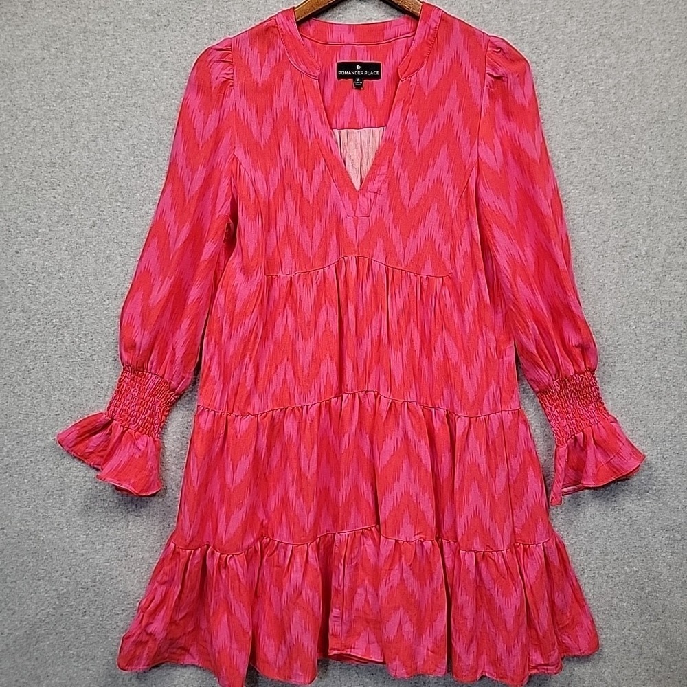 Tuckernuck Pomander Place Hot Pink Kenzo Ikat Print Tiered Dress Long Sleeves M